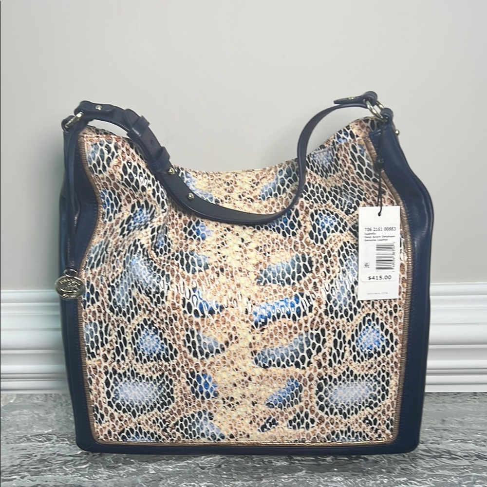 Brahmin Navy Blue and Beige Snake-Print Leather Shoulder Bag